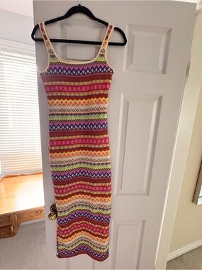 SHEIN Pink Yellow Multicolor Striped Midi Dress